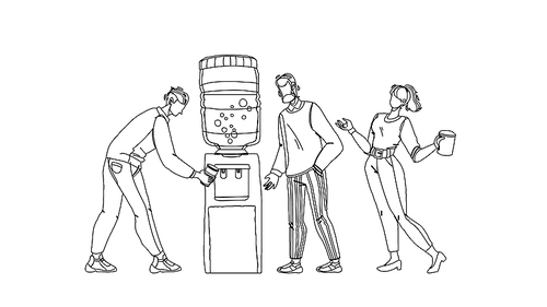 people drinking fresh water from cooler black line pen drawing vector. office colleagues filling cups with hot and cold liquid from cooler equipment. thirsty characters men and woman having break illustration