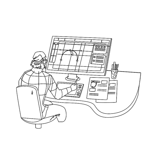 designer working on new project at computer black line pen drawing vector. graphic designer man work at workspace, drawing creative sketch design. character creativity idea occupation illustration