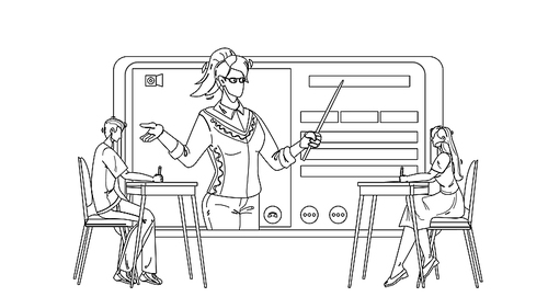 digital classroom educational web lecture black line pen drawing vector. boy and girl sitting at desk and listening teacher internet online classroom on tablet screen. characters lesson illustration