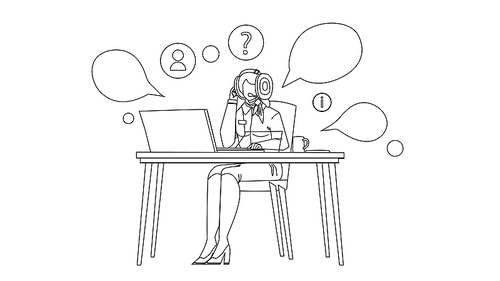 call center dispatcher working at table black line pen drawing vector. young woman dispatcher with headphones device work at office computer. character operator dispatch terminal worker illustration