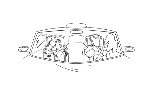 driver man driving car and carrying girl black line pen drawing vector. driver drive transport with passenger young woman. characters guy and lady in transport, taxi carry client illustration