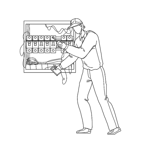 electrical engineer checking electric panel black line pen drawing vector. electrician using meter for check electrical voltage cable wiring system in main power board. character illustration