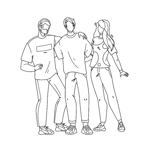 employee team stay together and embracing black line pen drawing vector. company employee young command men and girl. characters colleagues, business people flat, teamwork and partnership cartoon illustration