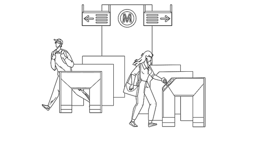 entry metro people pass through turnstiles black line pen drawing vector. man and woman passing entry metro equipment for control direction of movement. characters and subway security system illustration