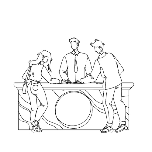 expo center visitors communicate with staff black line pen drawing vector. expo center customers man and woman communicate with worker manager at stand about exhibit. characters illustration