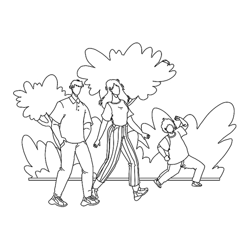 in family park walking parents with child black line pen drawing vector. father, mother and son walk together in family park. characters man, woman and boy kid happy leisure time outdoor illustration