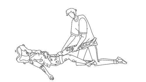 man providing first aid injured young girl black line pen drawing vector. boy provide first aid bandaging woman broken leg trauma before ambulance arrive. characters emergency rescue illustration