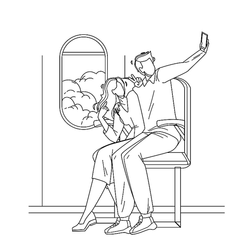 couple make flight selfie on phone camera black line pen drawing vector. young man and woman sitting in airplane making selfie on smartphone. characters travellers photographing illustration