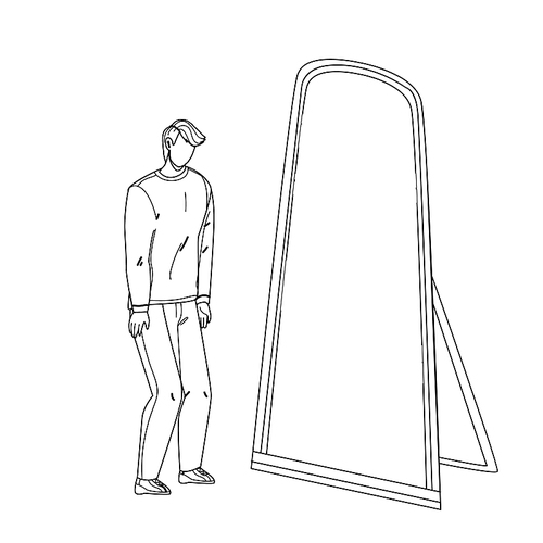 man seeing himself in mirror as super hero black line pen drawing vector. shy man looking at mirror reflection and see superhero. character young businessman professional achievement illustration