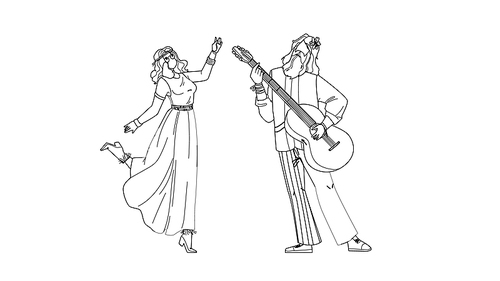 hippie couple dancing and playing on guitar black line pen drawing vector. young man and woman hippie performing on musician instrument and dance together. characters funny leisure time illustration