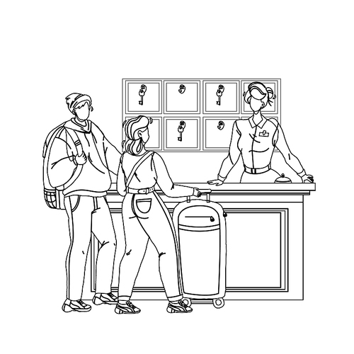 at hotel reception registering guest couple black line pen drawing vector. young man and woman tourists with baggage talking with receptionist at motel reception in lobby. characters illustration