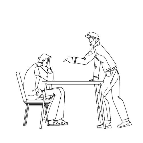 policeman interrogation criminal prisoner black line pen drawing vector. detective police man and bandit with handcuffs in interrogation room interviewing after committed crime. characters illustration