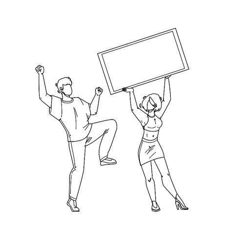 jackpot win money lucky boy and girl couple black line pen drawing vector. young man dancing and woman holding check, celebrating jackpot win. characters winning prize in gambling game illustration