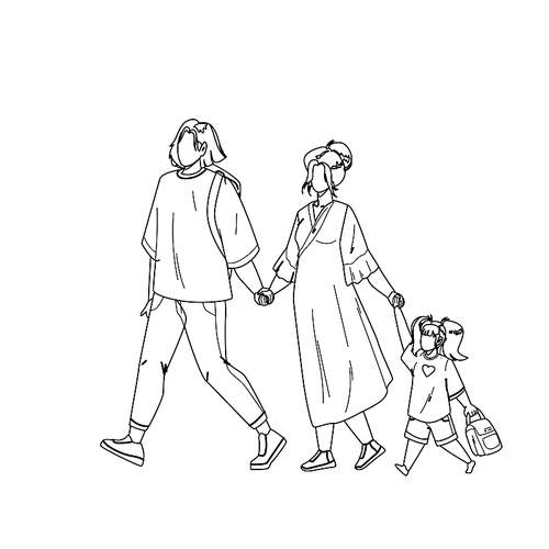 japanese family walking together in park black line pen drawing vector. japanese young man, woman and girl kid holding hands and walk outdoor. characters father, mother and daughter leisure time illustration