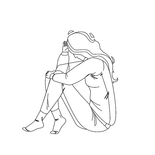 loneliness unhappy woman sitting on floor black line pen drawing vector. loneliness sad young girl touching hair. character lady psychological and mental troubles, suffering from bad relationship illustration