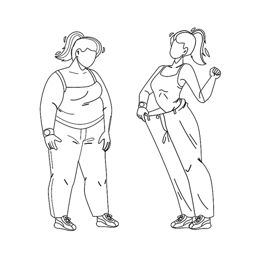 loose weight woman before and after look black line pen drawing vector. fat girl and lost weight thin, diet or fitness sport exercise. character lady overweight and with athletic figure illustration