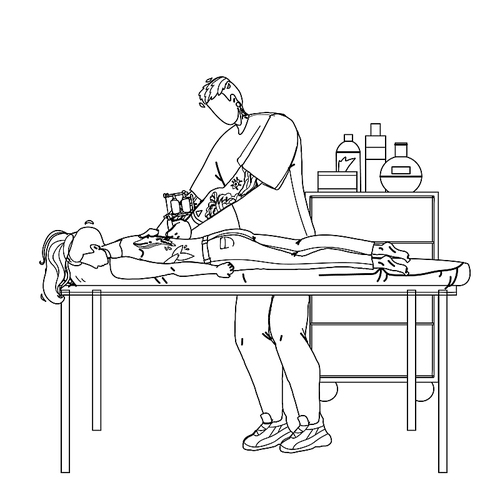 artist making tattoo with machine in salon black line pen drawing vector. man professional tattooist make tattoo on young woman back in studio cabinet. characters worker boy and client girl illustration