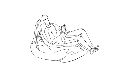 man relax on bean bag and playing on phone black line pen drawing vector. young boy have leisure time and relax on soft sofa. character freelancer businessman relaxing after work illustration