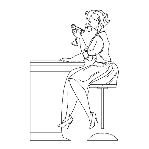 martini beverage drink girl at bar counter black line pen drawing vector. young woman drinking alcoholic dry cocktail martini, prepared from vermouth and olives. character with alcohol liquid illustration