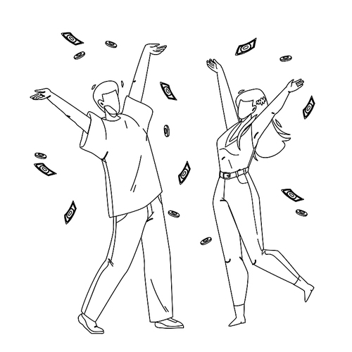 under money rain dancing man and woman black line pen drawing vector. happiness young boy and girl dance under money rain, cash banknotes and coins falling from sky. characters finance fortune illustration