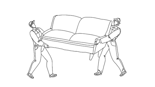 movers carry sofa and move to new house black line pen drawing vector. transportation and move service workers men moving couch and boxes. characters carrying furniture and cardboards illustration