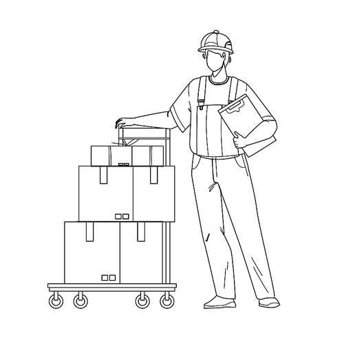 mover delivery service worker with cart black line pen drawing vector. mover man delivering boxes with customer order goods. character courier move and carrying cardboard packages illustration