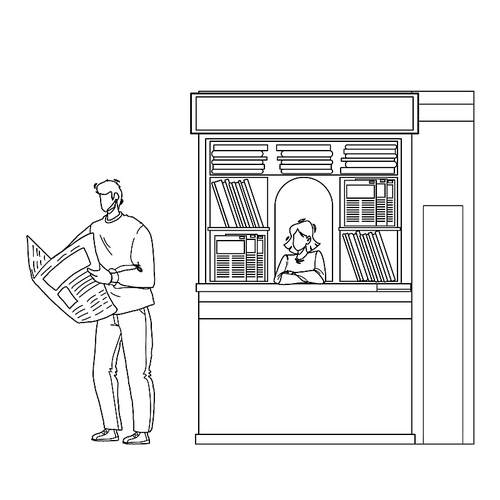 newspaper reading man near street newsstand black line pen drawing vector. young boy buy and read newspaper article and news outdoor. characters customer guy and magazines seller lady illustration