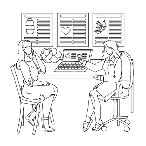 nutritionist giving consultation to patient black line pen drawing vector. nutritionist talking about healthy food with woman and making diet plan. character counseling about healthcare nutrition illustration