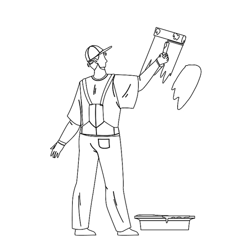 painter man painting wall with roller tool black line pen drawing vector. painter boy renovating and coloring room with paintbrush. character repairman profession, renovation house or office illustration