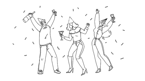 people celebrating birthday or christmas black line pen drawing vector. young man and women celebrating anniversary or xmas, drinking alcoholic beverage and dancing together. characters party illustration