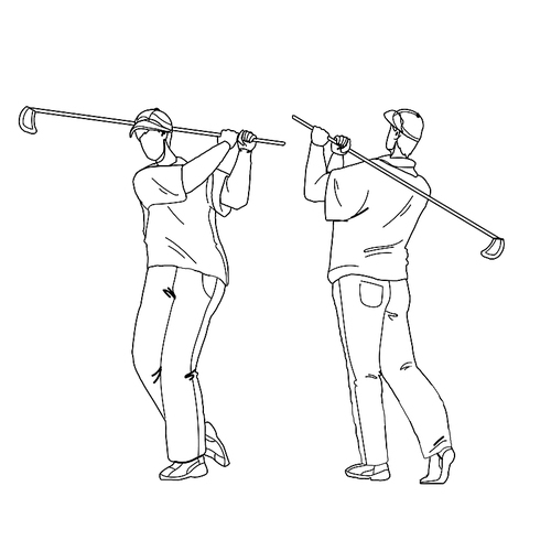 man playing golf and hitting ball with club black line pen drawing vector. golfer play golf and shot with sportive equipment. character boy golfing and exercising, sport and leisure active time cartoon illustration