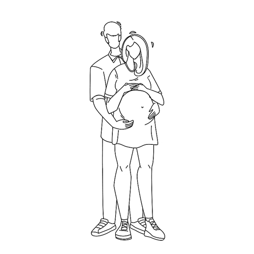 pregnant couple embracing young family black line pen drawing vector. man embrace pregnant woman, parenthood. characters husband and pregnancy wife waiting baby standing together illustration