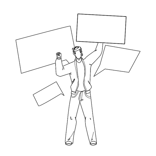 on protest demonstration man with posters black line pen drawing vector. young boy activist holding board screaming on protest. character protestor protesting and shouting on meeting strike illustration