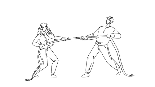 pulling rope young man and woman together black line pen drawing vector. boy and girl pulling rope, sportive exercise and activity. characters businesspeople competition and exercising illustration