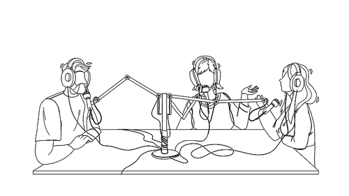 radio broadcast people recording in studio black line pen drawing vector. man and women discussing and record broadcast on air. characters talking in microphone electronic equipment illustration