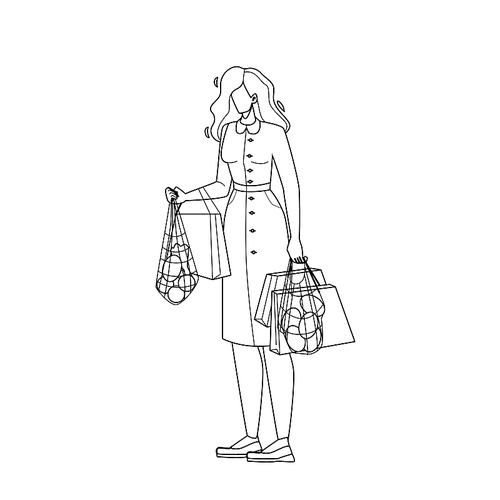 woman holding recycling shopping packages black line pen drawing vector. young girl hold recycling shopping cotton mesh and paper eco bags with grocery products. character customer client illustration