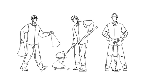 road worker repairing street infrastructure black line pen drawing vector. road worker in uniform carrying cones, drilling and patching hole in asphalt. characters builders working together illustration