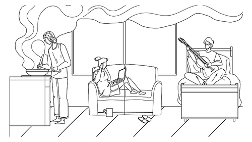 roommate problem in student hostel room black line pen drawing vector. girl sitting on sofa with laptop and cover ears because boy playing on guitar, lady prepare dish, roommate problem. characters illustration