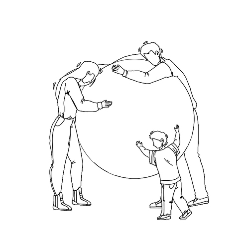 save planet and nature occupation family black line pen drawing vector. young man father, woman mother and little child son embracing with love planet. characters care earth ecology illustration