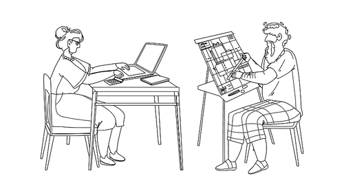 man and woman senior working togetherness black line pen drawing vector. grandmother working at laptop and grandfather engineer work with blueprint plan. elderly characters occupation illustration