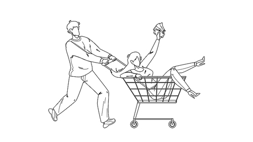 in shopping cart transport carry boy woman black line pen drawing vector. young woman holding money and riding in shopping cart. characters couple funny time in grocery supermarket illustration