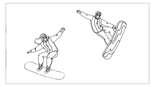 snowboarding sport people on snowy mountain black line pen drawing vector. young man and woman snowboarders snowboarding on snow hill together. characters couple sportive active time illustration