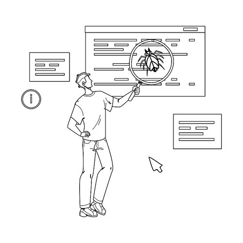 software testing program on bug and errors black line pen drawing vector. software code test service, man it worker holding magnifier searching and finding application digital problem. character illustration