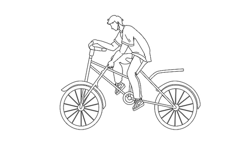 stupidity boy put spoke in bicycle wheel black line pen drawing vector. stupid man bicycling and putting stick in transport wheel. character guy riding bike and make dangerous action illustration