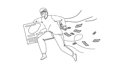 thief man stealing money from credit card black line pen drawing vector. thief running with steal finance, bandit burglar boy theft. character gangster financial criminal, illegal occupation illustration