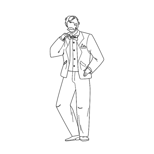 tuxedo and butterfly tie wearing young man black line pen drawing vector. whiskered businessman wearing elegant tuxedo costume clothes. character guy in elegance classic and stylish suit illustration