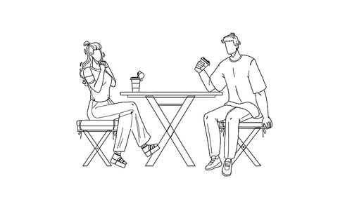 urban park visitors drink coffee at table black line pen drawing vector. young man and woman sitting on urban park chairs, drinking energy hot beverage and communicate together. characters illustration