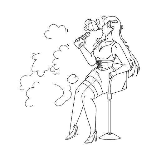 vape girl smoking electronic cigarette black line pen drawing vector. pretty young vape girl sitting on chair and smoke e-cigarette. character woman hipster vaping and inhale nicotine illustration