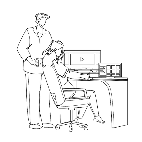 video editor working on laptop at workplace black line pen drawing vector. young man and woman couple video editor work together and editing film or clip. characters movie production illustration