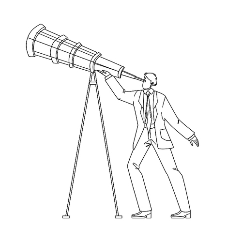 visionary businessman looking into spyglass black line pen drawing vector. visionary man watching in telescope. character guy manager leadership business vision, recruitment employee illustration